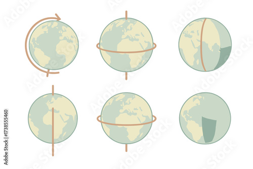Isometric Globe Illustration. Isometric vector illustration set globe spin axis geography: rotating globe isometric tilt,