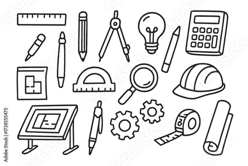 Blueprint Tools Icons. Hand-drawn doodle illustration blueprint tools ruler, pencil, compass, protractor, drafting pen, eraser, calculator, measuring tape,