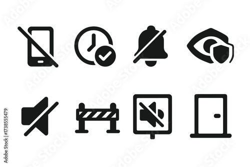 Focus and Distraction Icons. Solid, filled icon set of focus and distraction: crossed-out phone, clock with checkmark, no notifications, eye shield, mute