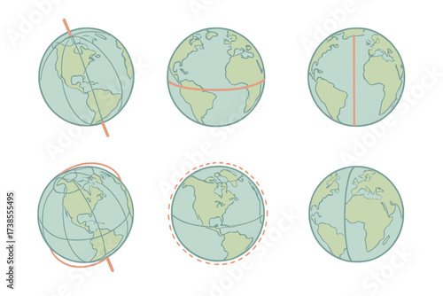 Isometric Globe Illustration. Isometric vector illustration set globe spin axis geography: rotating globe isometric tilt,