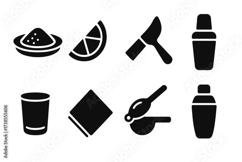 Salt Rim Icon Set. Solid, filled icon set of salt rim preparation tools: plate with salt, lemon wedge, lime wedge, brush for rimming, glass, napkin, citrus
