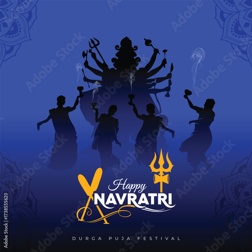 Happy navratri, a vibrant vector illustration capturing the essence of the hindu festival, with the powerful goddess durga in silhouette, surrounded by devotees in a festive blue backdrop