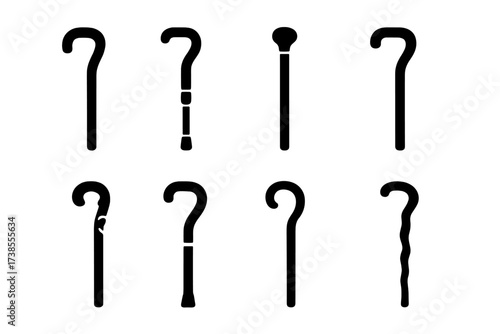 Variety of Cane Styles. Solid, filled icon set of cane styles: classic cane, modern cane, antique cane, minimalist cane, ornate cane, collapsible cane, elegant