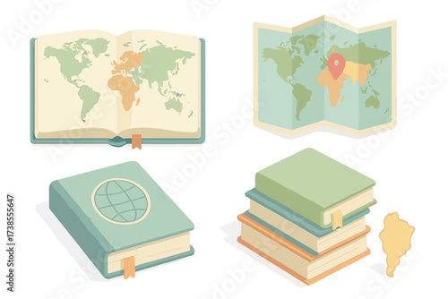 Atlas and Globe Icons. Isometric vector illustration set atlas book world countries: open atlas with continents, folded map pages,