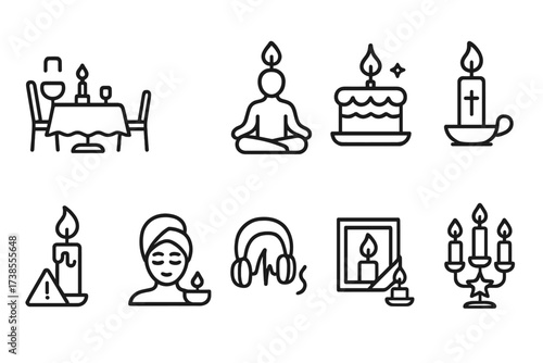 Candlelight Occasions Icons. Outline icon set of candlelight occasions: romantic dinner, meditation, birthday celebration, religious ceremony, power outage,