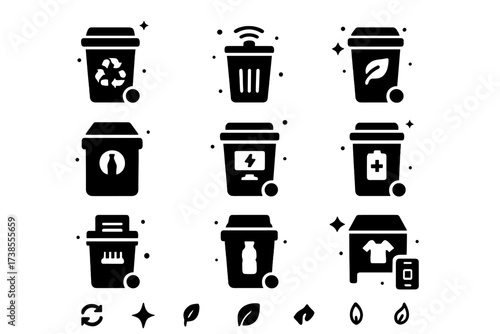 Smart Bins Icons. Smart bins. Solid icons set of smart bins: recycling bin, trash bin with sensor, compost bin, bottle return bin, e-waste bin, battery bin,