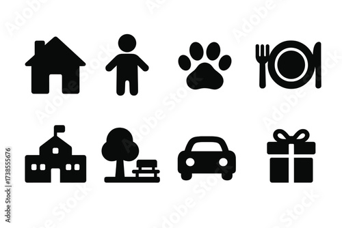 Family Calendar Icons. Solid, filled icon set of family calendar: house, child, pet paw, dinner plate, school, park, car, gift box. [Line icons in only black