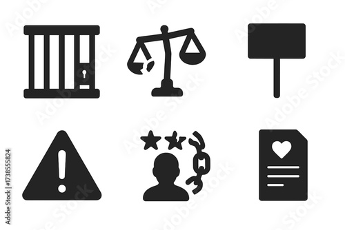 Scandal Consequence Icons. Solid, filled icon set of scandal consequences: jail cell, broken scales, protest sign, lawsuit document, warning sign, ruined