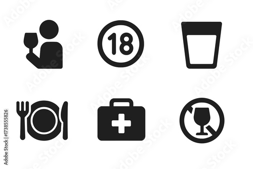 Safety Icons Grid. Solid, filled icon set of shaker safety and moderation: drink responsibly sign, age restriction, warning sign, water glass, food plate,