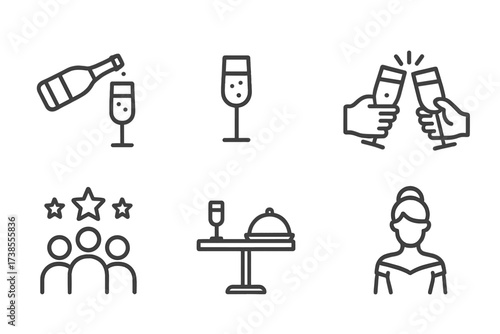 Champagne Icons Set. Outline icon set of champagne serving: pouring bottle, filled glass, clinking glasses, cheers hands, party crowd, dinner table, bartender,