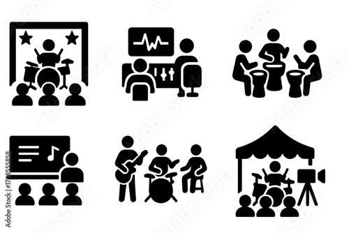 Backbeat Performance Icons. Solid, filled icon set of backbeat performance settings: live concert, studio recording, rehearsal, drum circle, classroom, jam