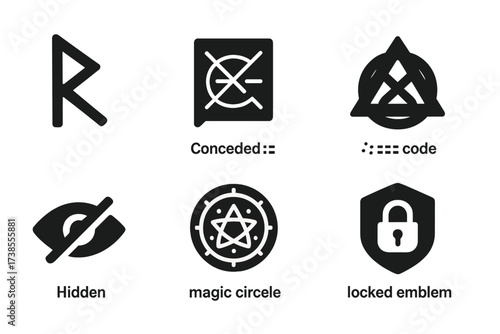 Hidden Symbol Icons. Solid, filled icon set of hidden symbols: cryptic rune, concealed sigil, secret code, occult symbol, hidden eye, magic circle, shadowed