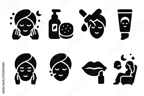 Night Care Icons. Solid, filled icon set of night care routines: cleanse, tone, apply serum, moisturize, massage, eye care, lip care, relax. Line icons in only