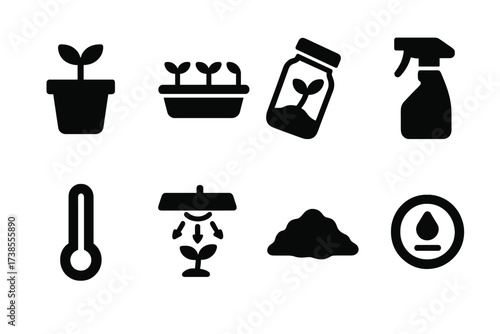 Sprouting Tools Icons. Solid, filled icon set of sprouting process tools: pot, tray, sprouting jar, misting spray, thermometer, grow light, soil, humidity