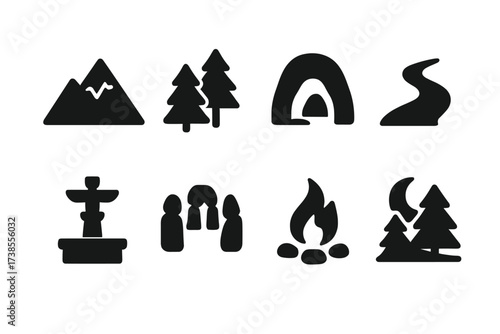 Shamanic Icon Grid. Solid, filled icon set of shamanic locations: sacred mountain, forest, cave, river, altar, circle of stones, fire pit, moonlit clearing.