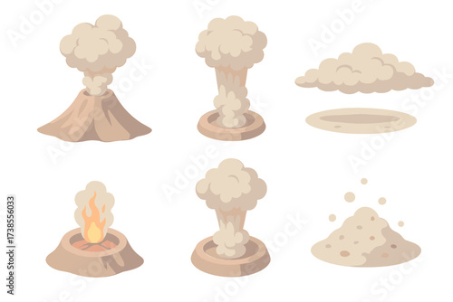 Volcanic Eruption Icons. Isometric vector illustration set volcanic ash eruption plume: volcanic cone eruption, towering ash