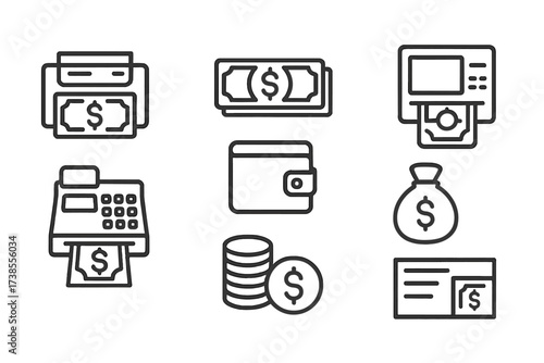 Cash Handling Icons. Outline icon set of laundering cash handling: cash counting machine, money stack, wallet, ATM, cash register, coin stack, bag with dollar