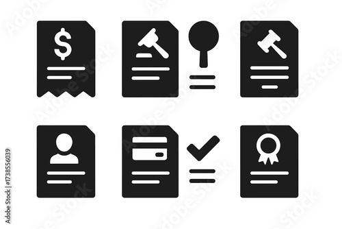 Auction Document Icons. Solid, filled icon set of auction documents: invoice, receipt, contract, bid sheet, catalog, registration form, payment method, terms