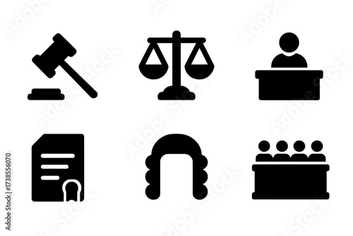 Court Symbol Icons. Solid, filled icon set of court symbols: gavel, scales of justice, courthouse building, judge?s bench, legal document, law book, judge?s