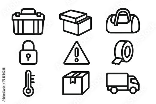 Flare Transport Icons. Outline icon set of flare storage and transport: protective case, storage box, carrying bag, secure lock, warning label, packaging tape,