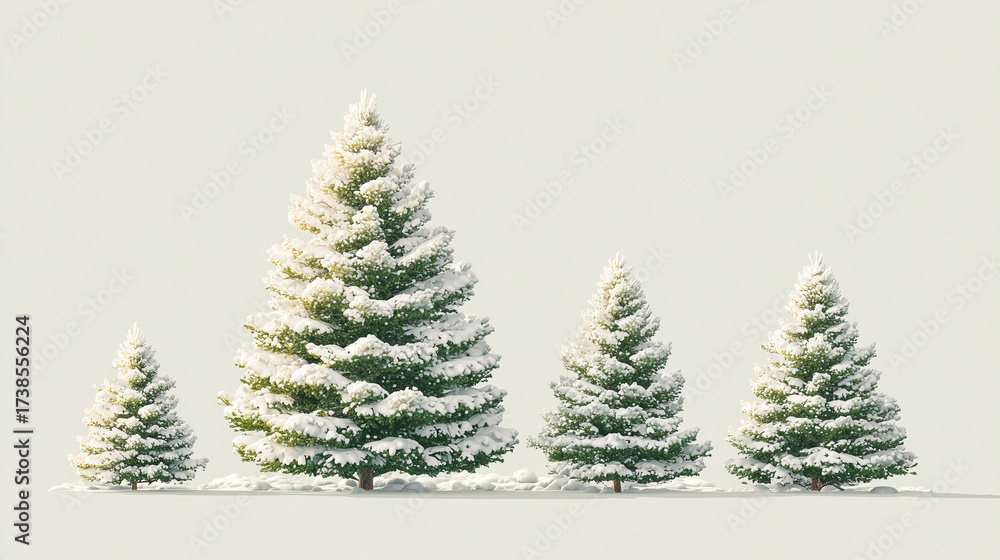 Obraz premium Snow-covered pine trees in a winter landscape on light background.