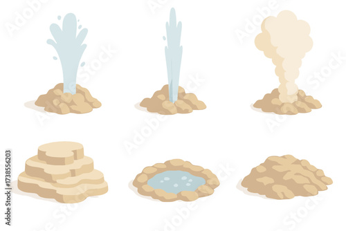 Pastel Geyser Eruption. Isometric vector illustration set geyser hot water erupt: erupting geothermal geyser, boiling water jet,