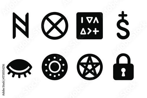 Hidden Symbol Icons. Solid, filled icon set of hidden symbols: cryptic rune, concealed sigil, secret code, occult symbol, hidden eye, magic circle, shadowed