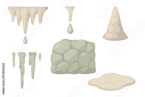 Pastel Cave Formations. Isometric vector illustration set stalactite cave mineral drip: stalactite ceiling cluster, droplet