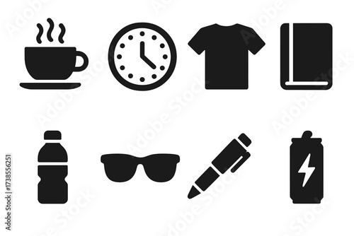 Session Vibe Icons. Solid, filled icon set of session vibe elements: coffee cup, clock, casual clothing, notebook, pen, water bottle, sunglasses, energy drink.