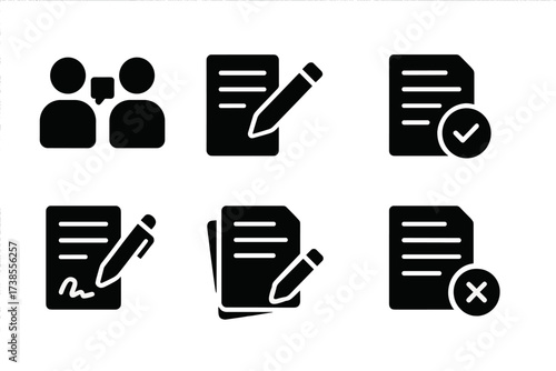 Agreement Process Icons. Solid, filled icon set of agreement process: negotiation, drafting, review, approval, signing, execution, amendment, termination.