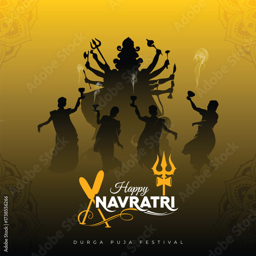 Happy navratri, a vibrant vector illustration capturing the essence of the hindu festival, with the powerful goddess durga in silhouette, surrounded by devotees in a festive yellow backdrop