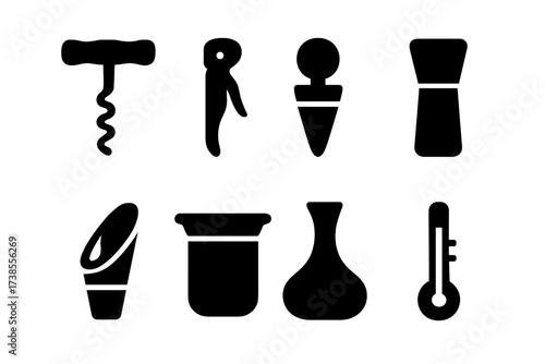Wine Tools Icons. Solid, filled icon set of wine tasting tools: corkscrew, wine opener, wine stopper, aerator, wine pourer, tasting spittoon, decanter, wine