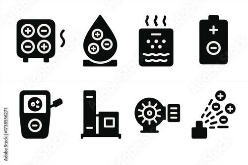 Ion Application Icons. Solid, filled icon set of ion applications: ionizer, water purification, air purifier, battery ion, ion detector, mass spectrometer, ion