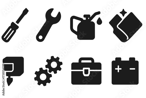 Jukebox Repair Icons. Solid, filled icon set of jukebox maintenance and repair: screwdriver, wrench, oil can, cleaning cloth, replacement needle, spare parts,