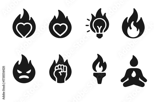 Symbolic Flame Icons. Solid, filled icon set of symbolic flames: passion flame, love fire, inspiration spark, rebirth fire, rage blaze, determination flame,