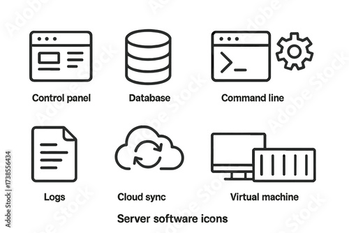 Server Software Icons. Outline icon set of server software: control panel, database, command line, settings gear, logs, cloud sync, virtual machine, container.