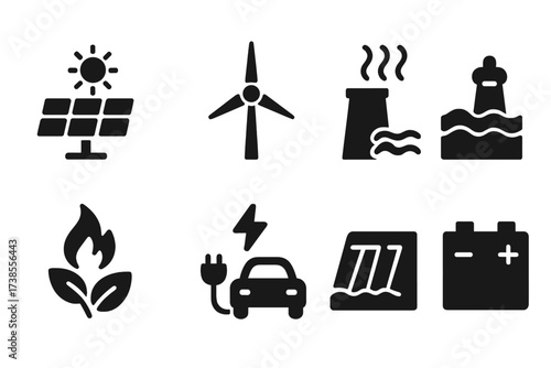 Renewable Energy Icons. Solid, filled icon set of renewable energy: solar panel, windmill, geothermal plant, wave energy, biomass, hydroelectric dam, electric