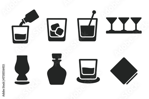 Black Icon Grid. Solid, filled icon set of old fashioned serving styles: neat pour, on the rocks, stirred drink, cocktail flight, tasting glass, whiskey