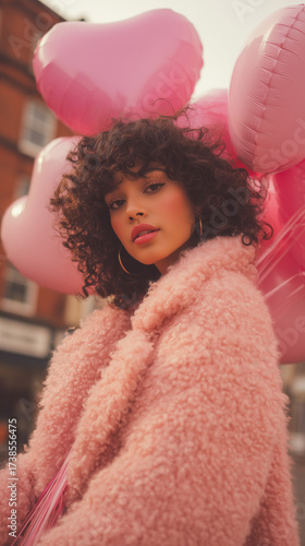 Stylish woman wearing a pink fluffy coat posing outdoors against blue sky.