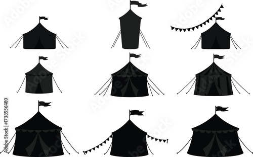 Circus tent vector collection, carnival pavilion silhouette, black white circus marquee icons, festival tent illustration, fairground carnival graphic design