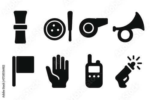 Hunting Call Icon Set. Solid, filled icon set of hunting calls and signals: duck call, turkey call, whistle, horn, signal flag, hand sign, radio, flare. Solid,