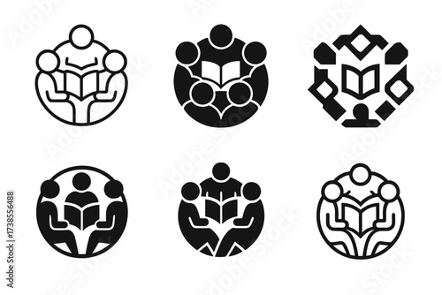 Study Group Logos. A student engaging in a group study session to prepare for a test. Set Logo of A student engaging in a group study session to prepare for a