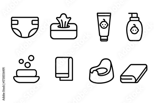 Nursery Hygiene Icons. Outline icon set of nursery hygiene: diaper, wipes, diaper rash cream, baby lotion, soap, towel, potty, changing mat. Line icons in only