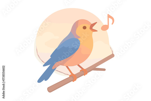 Songbird Melody at Dawn. Isometric vector illustration set songbird melody chirp dawn: bright plumage songbird, soft sunrise