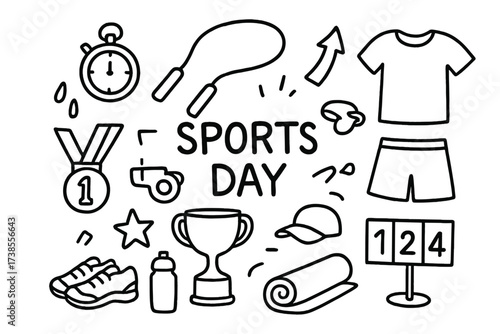Sports Day Icons. Hand-drawn doodle illustration Sports day jump rope jump rope, stopwatch, whistle, sneakers, medal, trophy, star, sweat drops, arrow,