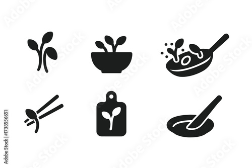 Bean Sprout Kitchen Icons. Solid, filled icon set of bean sprout kitchen use: fresh sprouts, salad bowl, cooking pot, stir fry pan, chopsticks, cutting board,