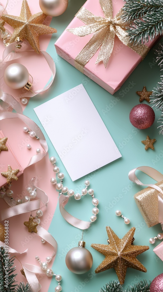 Obraz premium Elegant Christmas Mockup with Pink and Gold Presents, Ornaments, Pearls, and Blank Card on Pastel Blue and Pink Background for Holiday Greetings