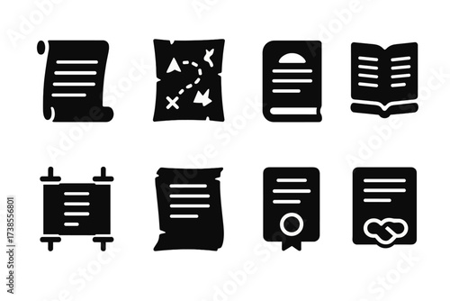 Ancient Document Icons. Solid, filled icon set of ancient documents: parchment scroll, map, manuscript, codex, papyrus, decree, certificate, treaty. Solid,