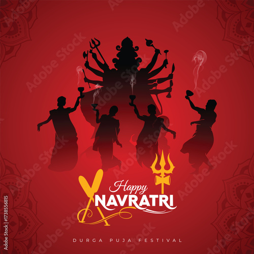 Vibrant illustration showcasing the joyous navratri festival with dancing silhouettes, a majestic durga figure, and festive typography on a deep red backdrop, evoking cultural celebration