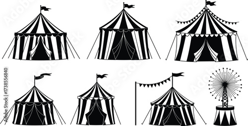 Circus tent and ferris wheel vector, carnival pavilion silhouettes, striped marquee icons, festival fairground tents with flags